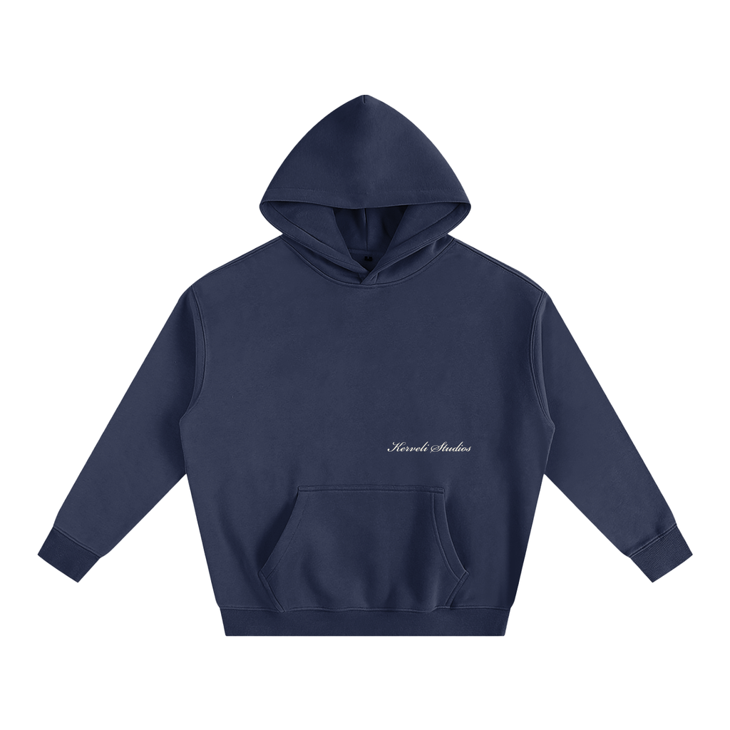 Kerveli Crest and Cursive hoodie navy oversized hoodie front view