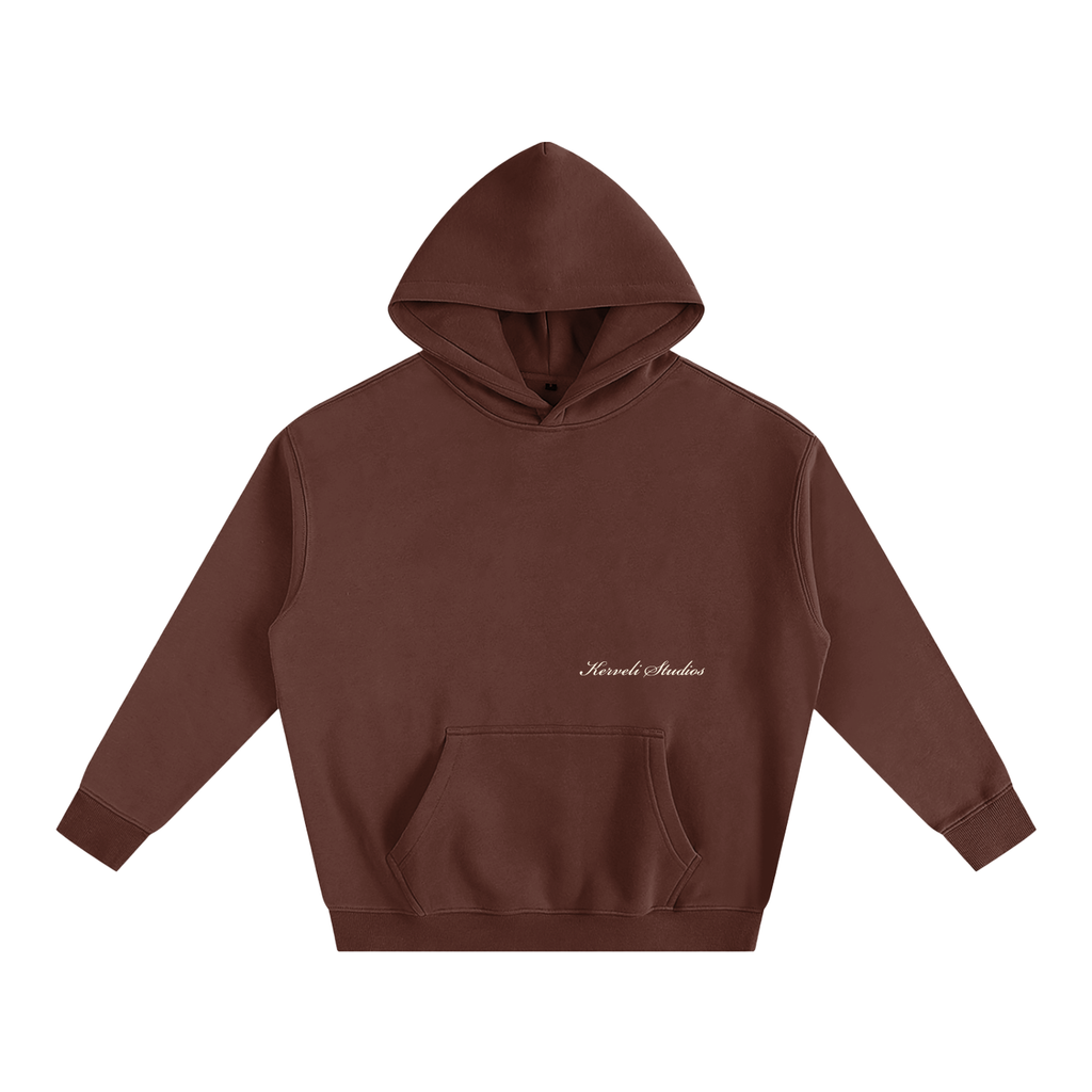 Kerveli Crest and Cursive hoodie coffee oversized hoodie front view